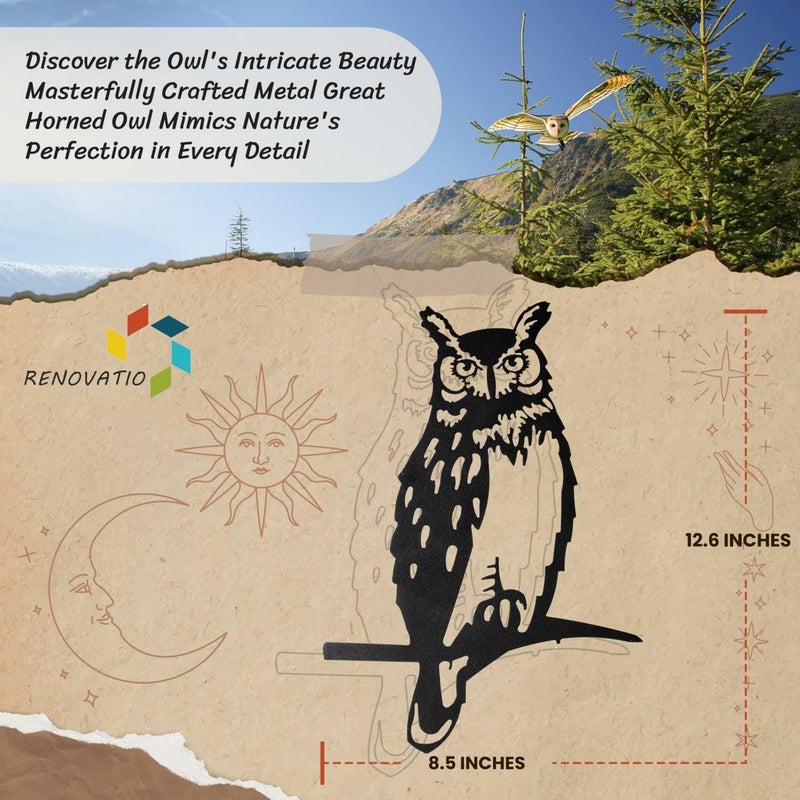 Renovatio Owl Metal Bird Art, Gifts for Dad, Owl Outdoor Decor for Garden, Yard & Patio – Majestic Bird Ornament & Yard Art – Garden Statues, Outdoor Ornaments & Durable Backyard Decor – Black - Image 4